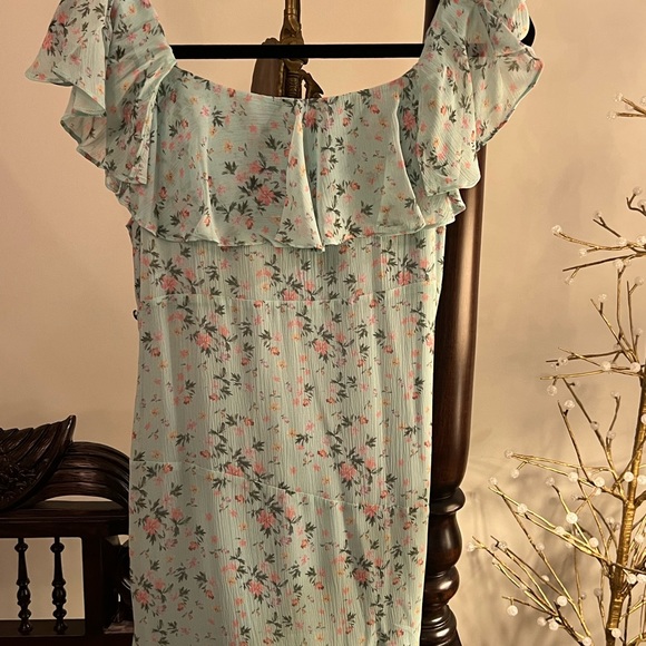 Nicole Miller floaty pale green chiffon dress with ruffle collar, asymmetric hem - Picture 10 of 13